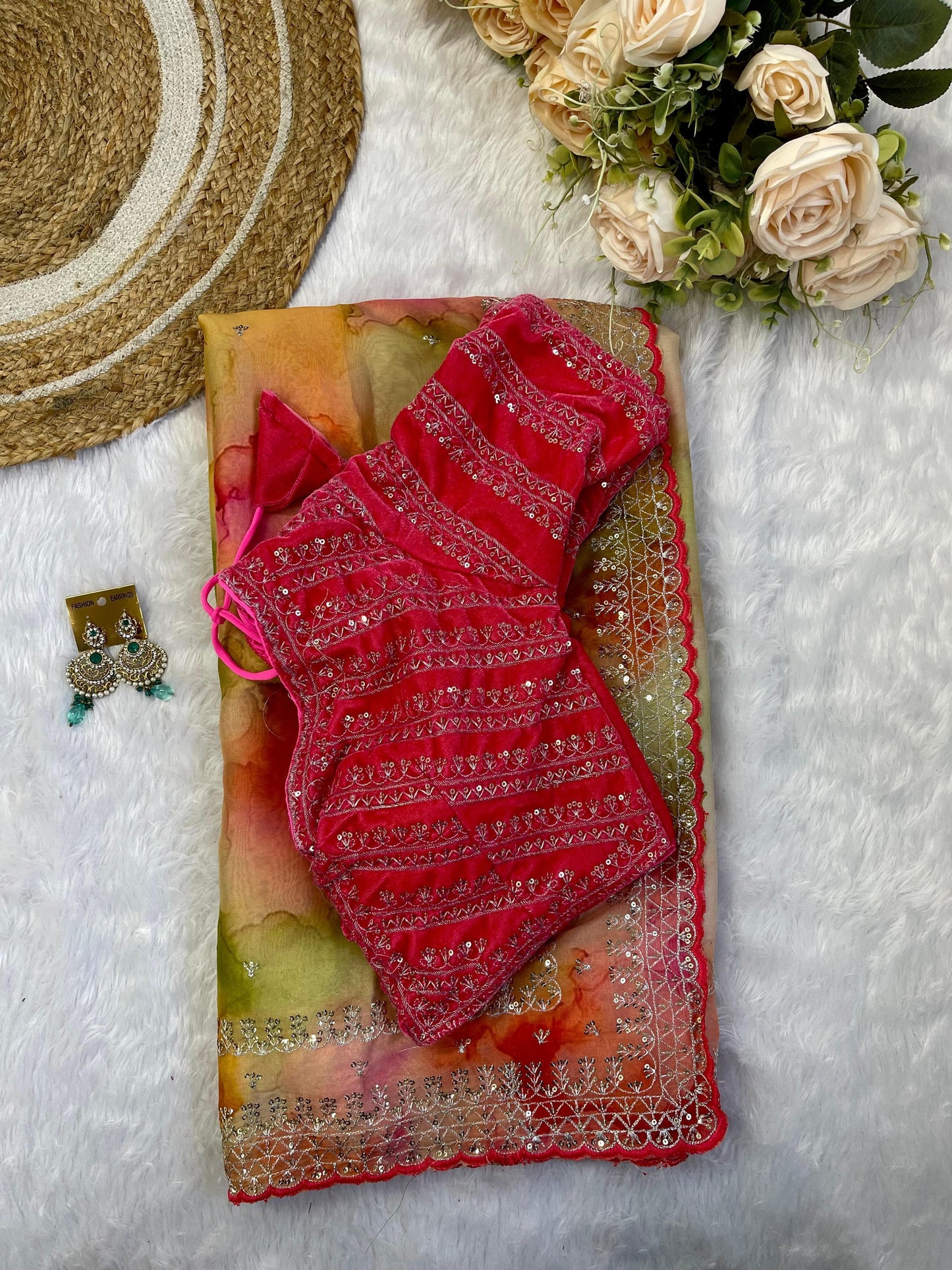 Gorgeous Multi Printed Saree With Red Work Blouse