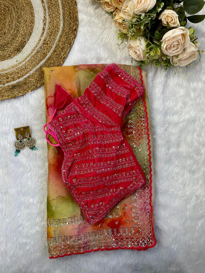 Gorgeous Multi Printed Saree With Red Work Blouse
