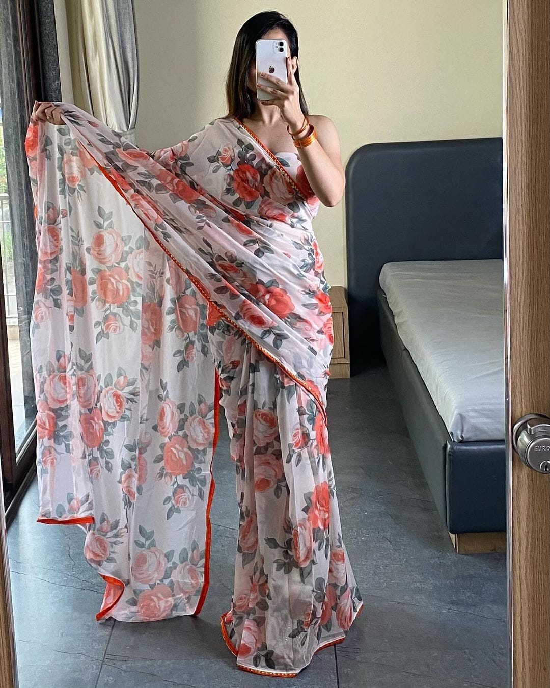 Mesmerizing  Multi Color Flower Design Ready To Wear Saree