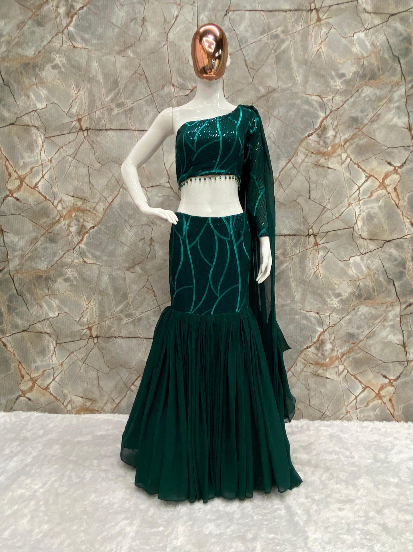 Bottle Green Sequence Work Lehenga With Dupatta Attach Blouse