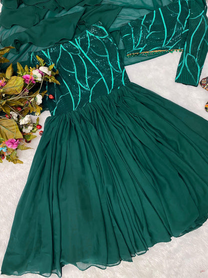 Bottle Green Sequence Work Lehenga With Dupatta Attach Blouse