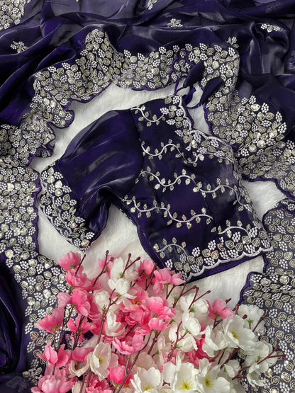 Terrific Purple Color Embroidery Sequence Work Saree With Blouse