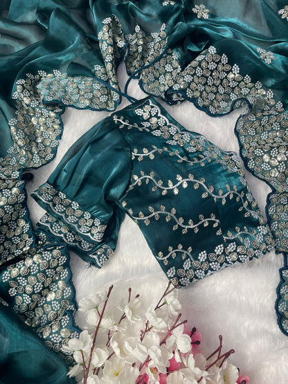 Terrific Teal Blue Color Embroidery Sequence Work Saree With Blouse