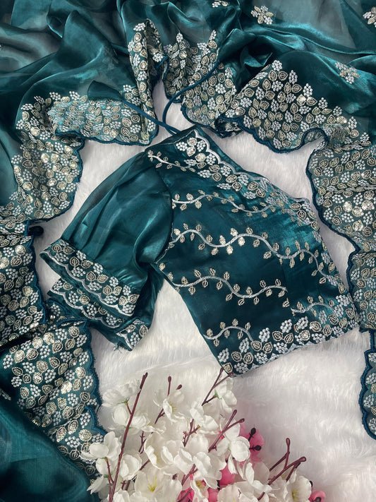 Terrific Teal Blue Color Embroidery Sequence Work Saree With Blouse