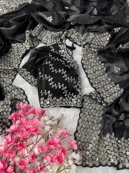 Terrific Black Color Embroidery Sequence Work Saree With Blouse