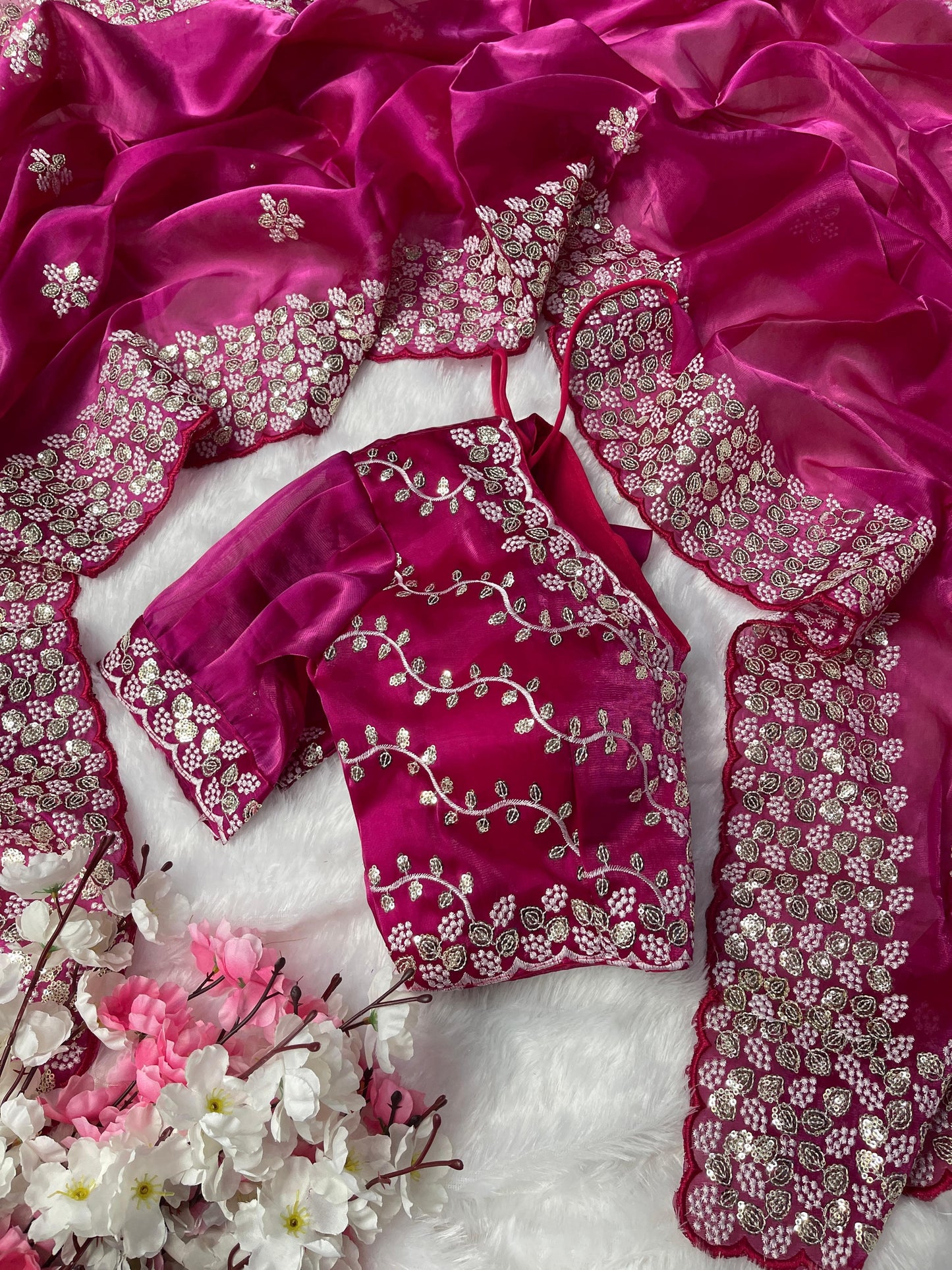 Terrific Pink Color Embroidery Sequence Work Saree With Blouse