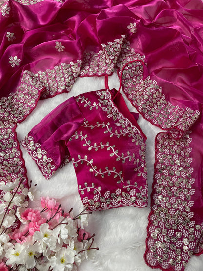 Terrific Pink Color Embroidery Sequence Work Saree With Blouse