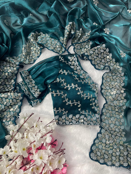 Terrific Teal Blue Color Embroidery Sequence Work Saree With Blouse