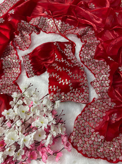Terrific Red Color Embroidery Sequence Work Saree With Blouse