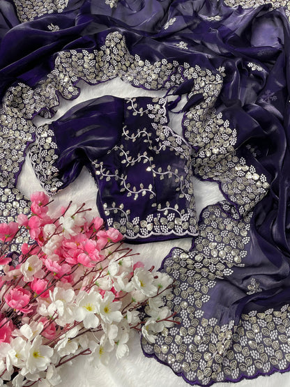 Terrific Purple Color Embroidery Sequence Work Saree With Blouse