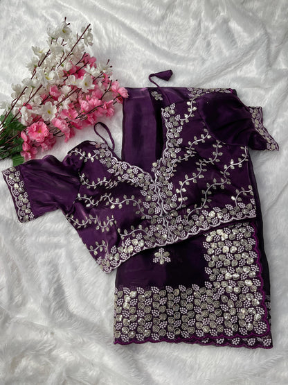 Terrific Wine Color Embroidery Sequence Work Saree With Blouse