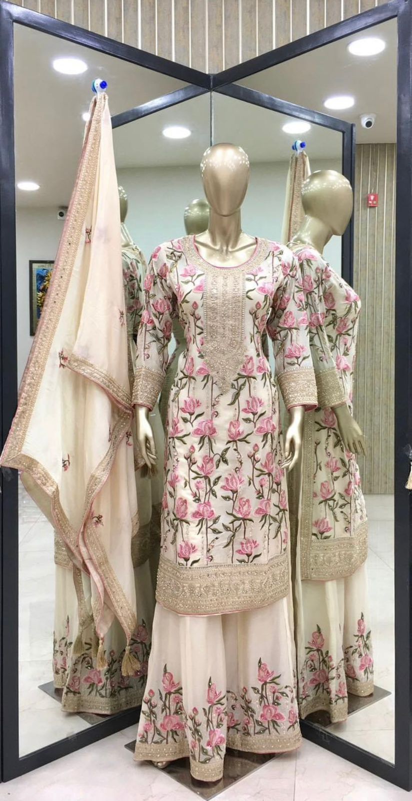 Alluring Dori Sequence Work Cream Color Palazzo Suit