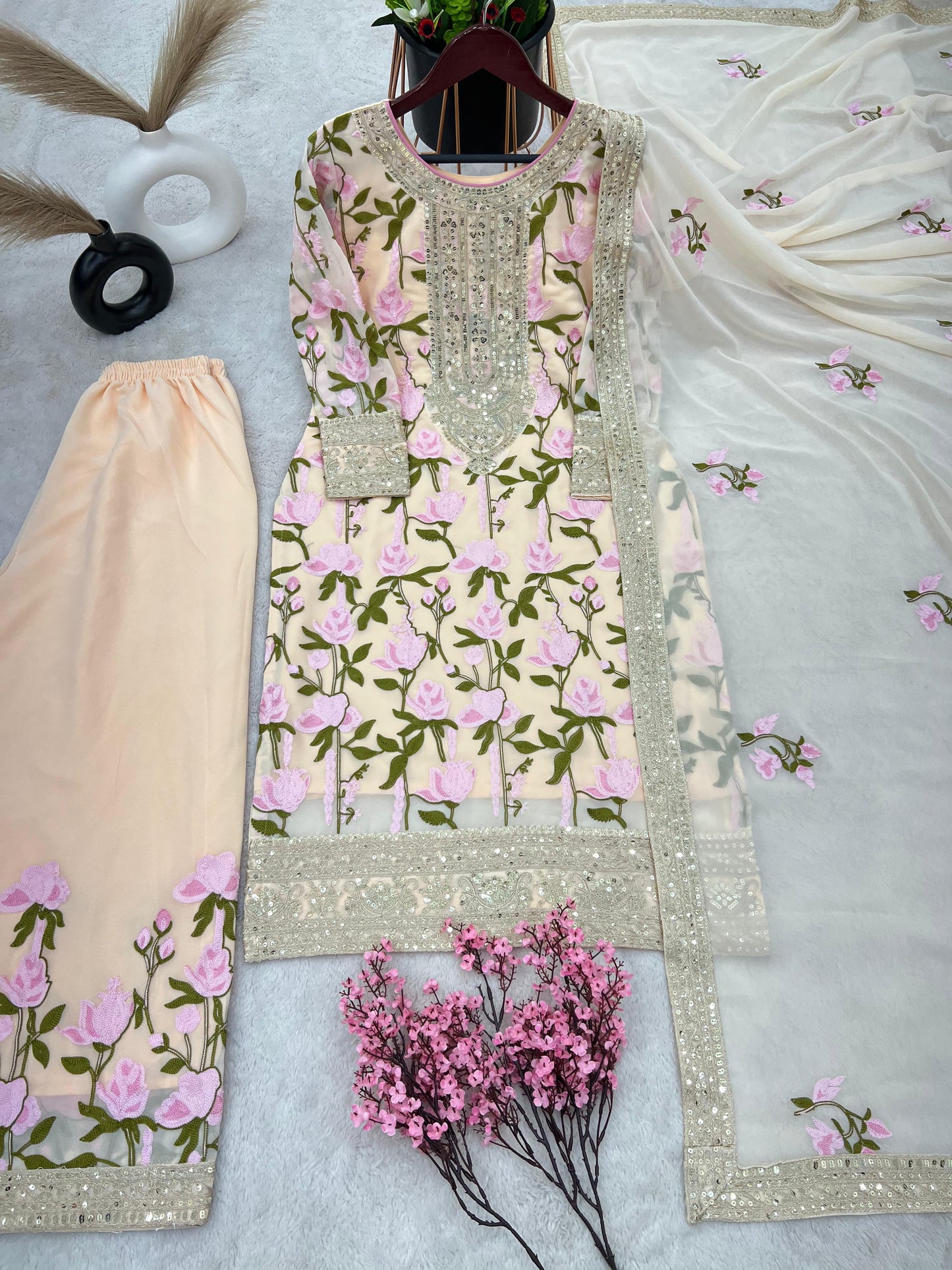 Alluring Dori Sequence Work Cream Color Palazzo Suit