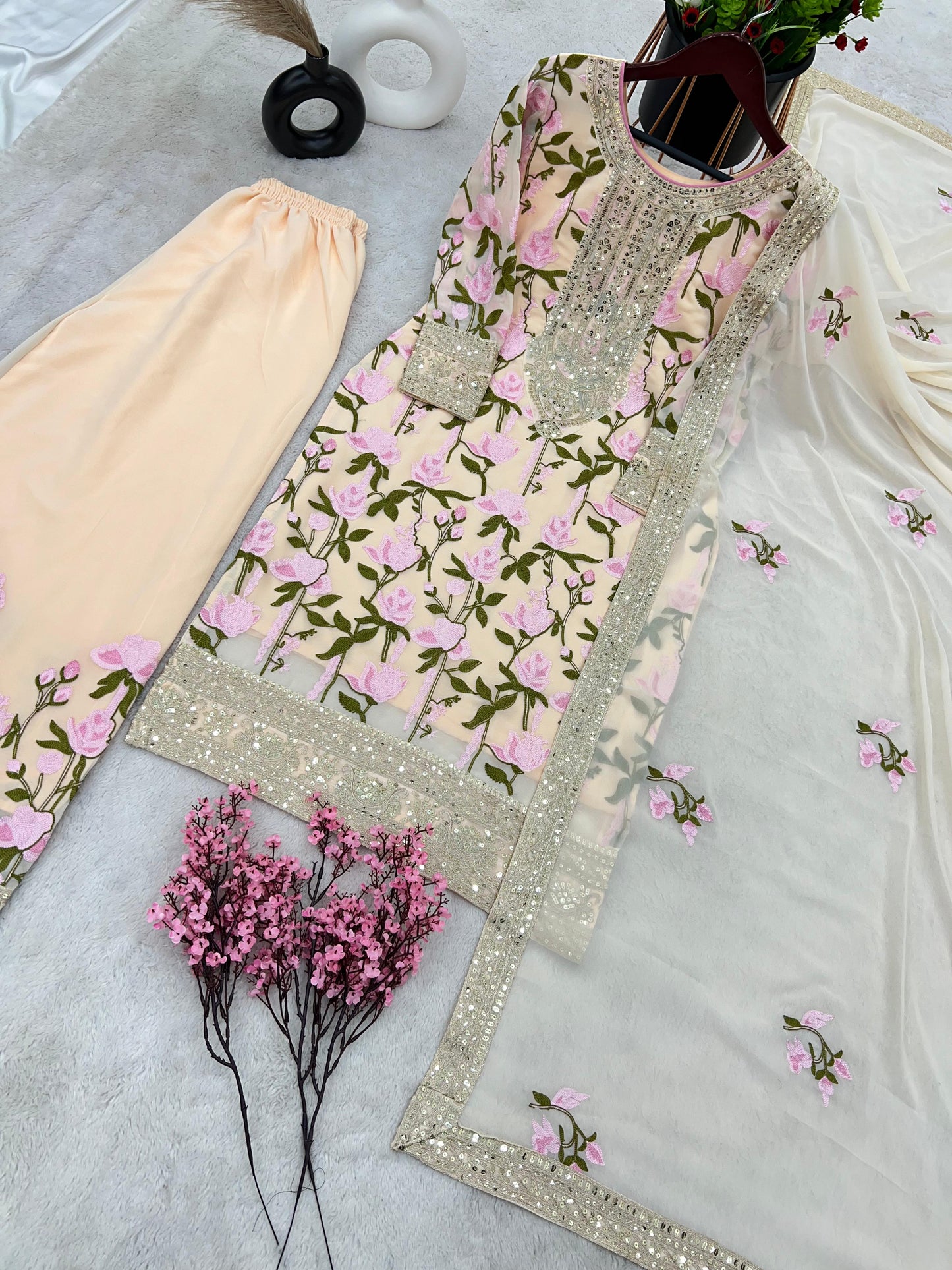 Alluring Dori Sequence Work Cream Color Palazzo Suit