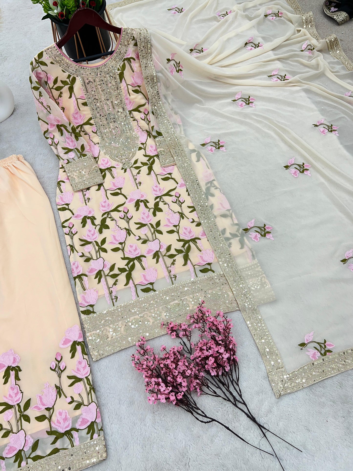 Alluring Dori Sequence Work Cream Color Palazzo Suit
