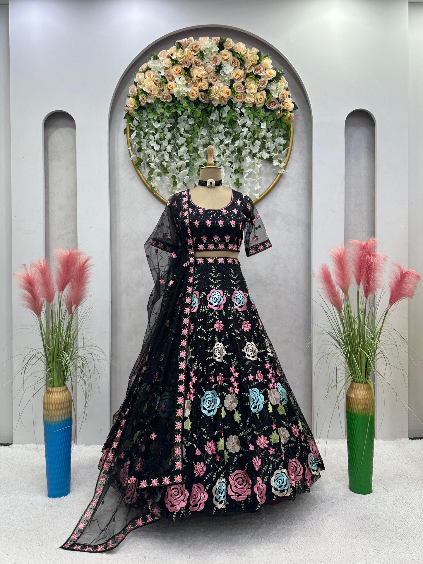 Party Wear Black Color Multi Work Lehenga Choli