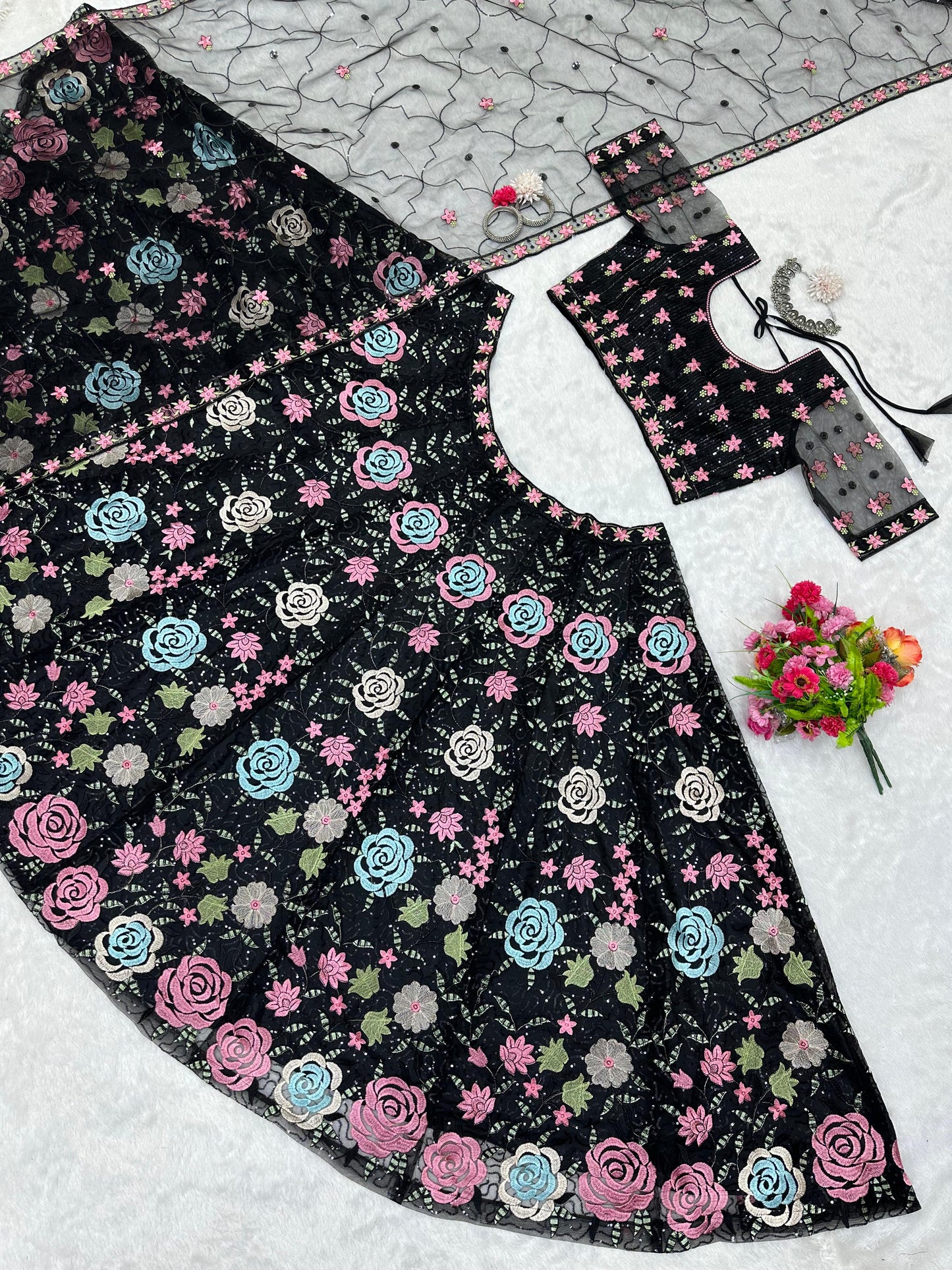 Party Wear Black Color Multi Work Lehenga Choli