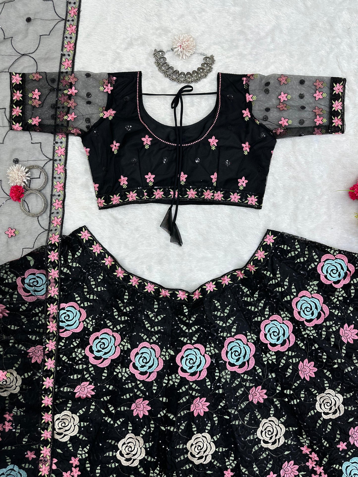 Party Wear Black Color Multi Work Lehenga Choli