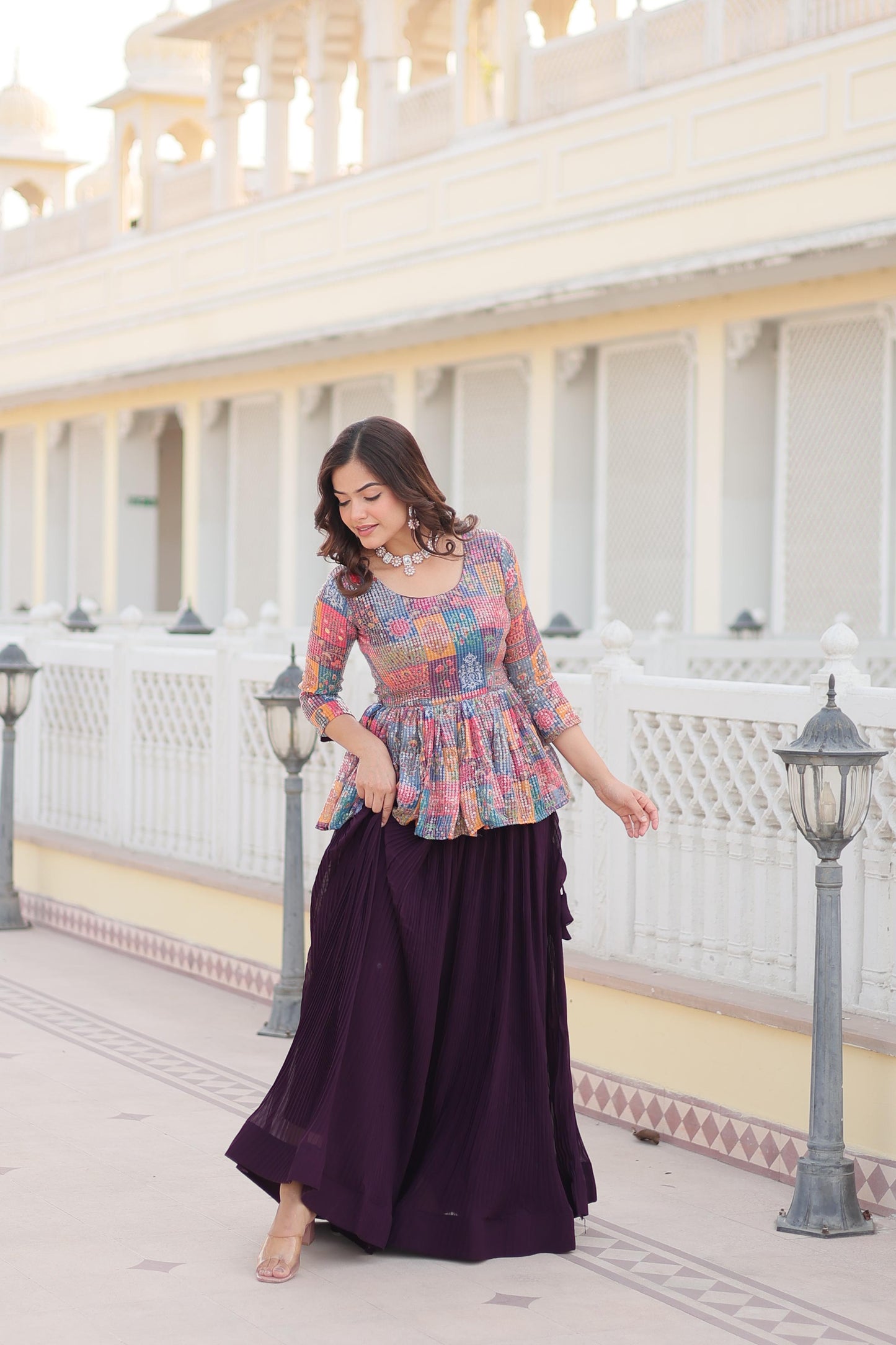 Beautiful Crushed Wine Lehenga With Multi Color Top