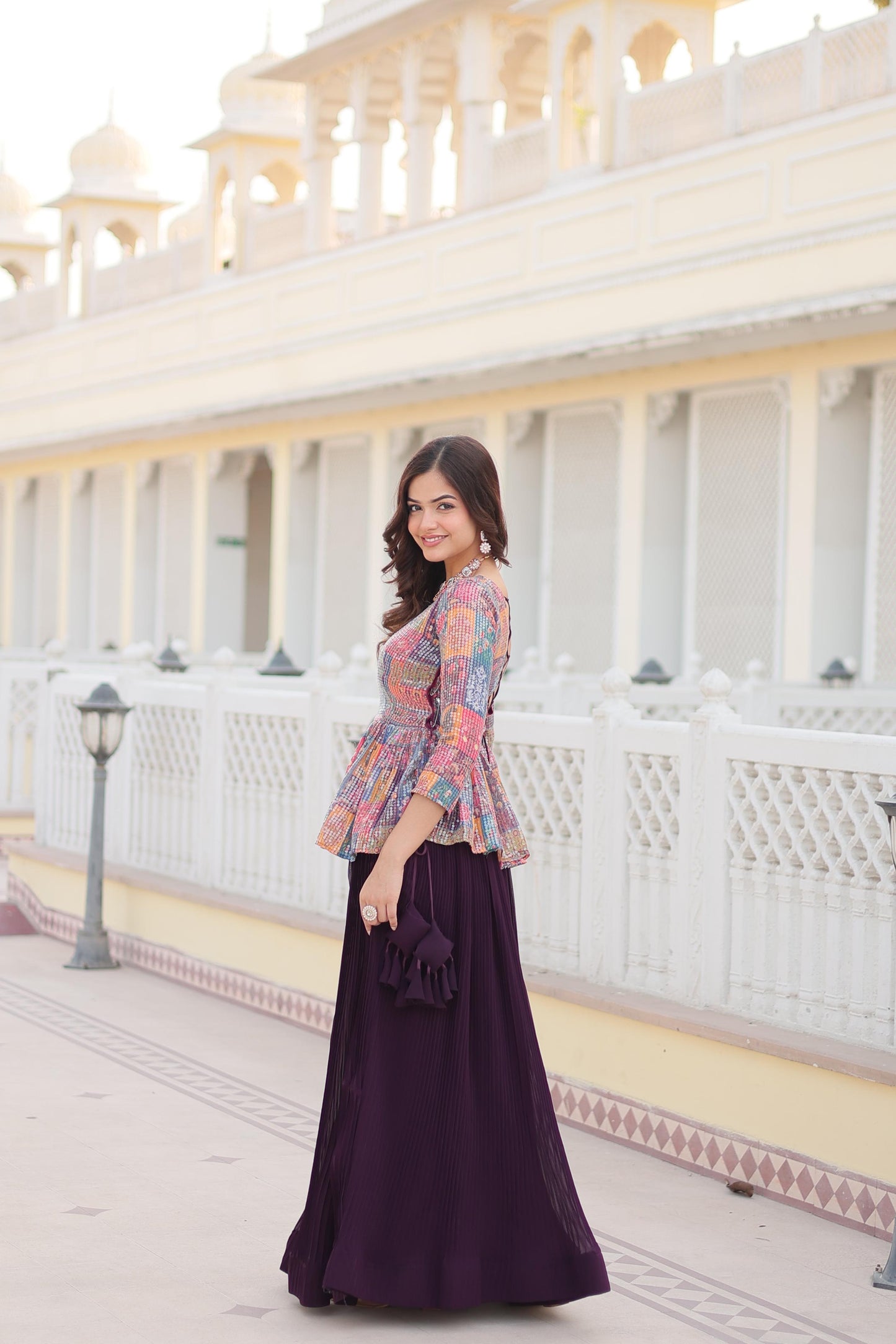 Beautiful Crushed Wine Lehenga With Multi Color Top