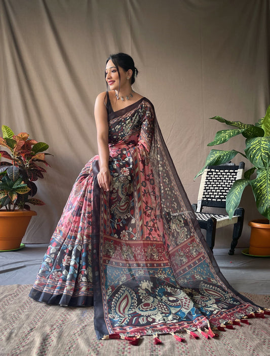 Stylish Kalamkari Print Pink Color Saree