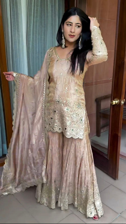 Stylish Beige Color Embroidery Mirror Work Sharara Suit