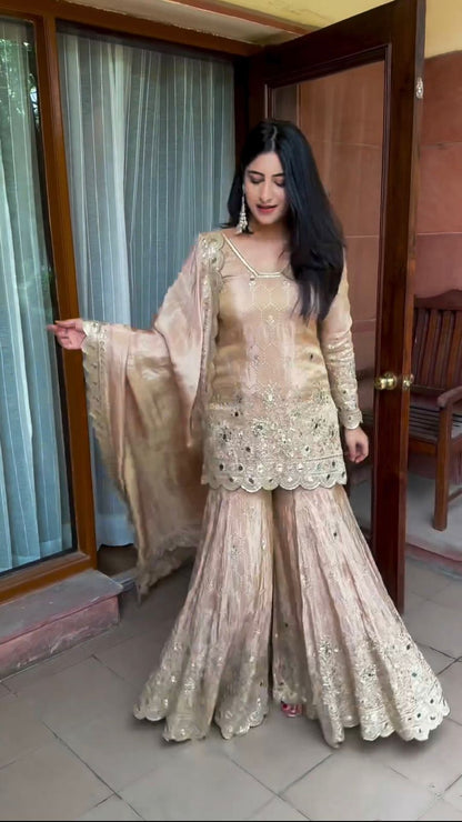 Stylish Beige Color Embroidery Mirror Work Sharara Suit