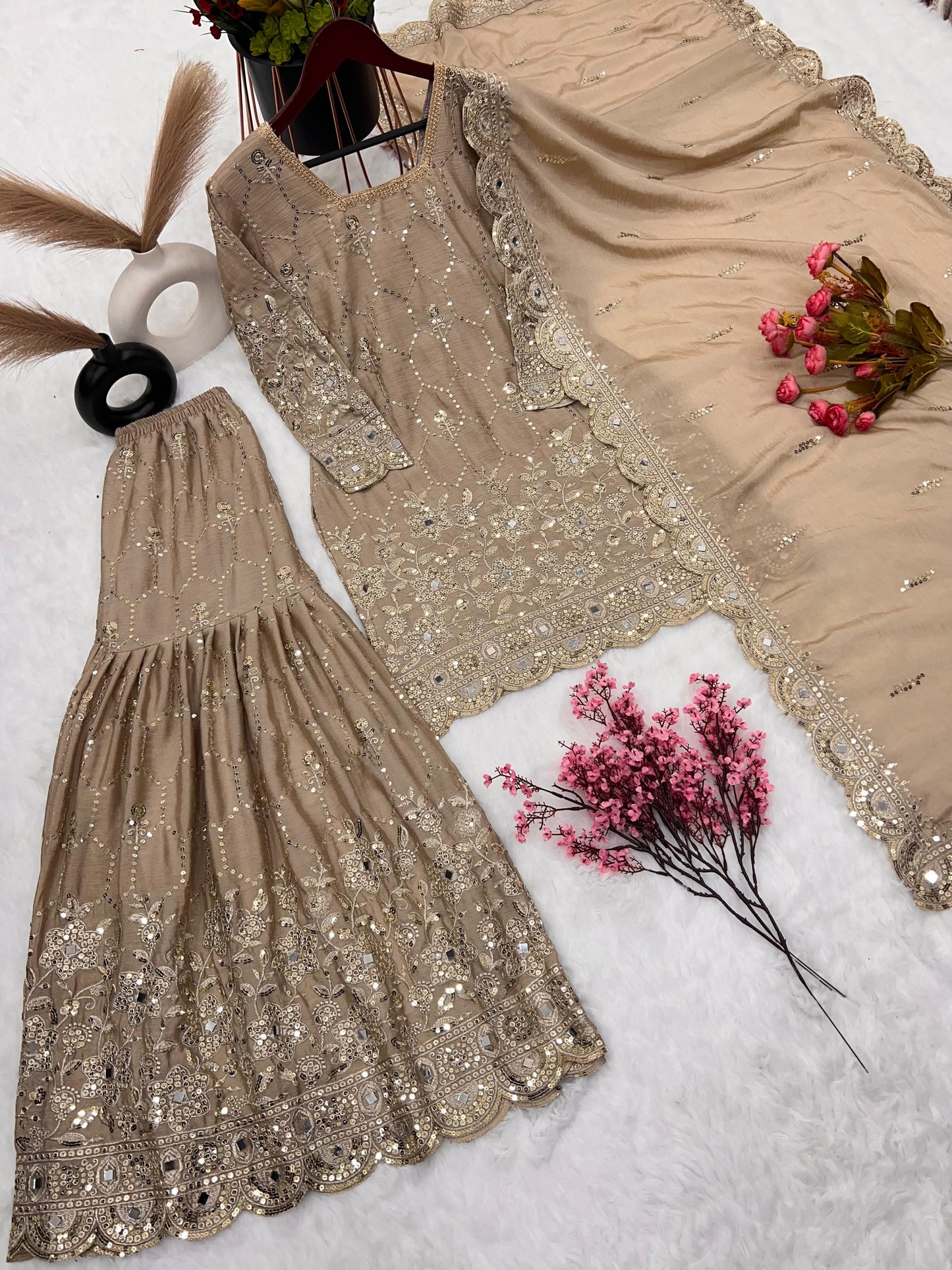 Stylish Beige Color Embroidery Mirror Work Sharara Suit