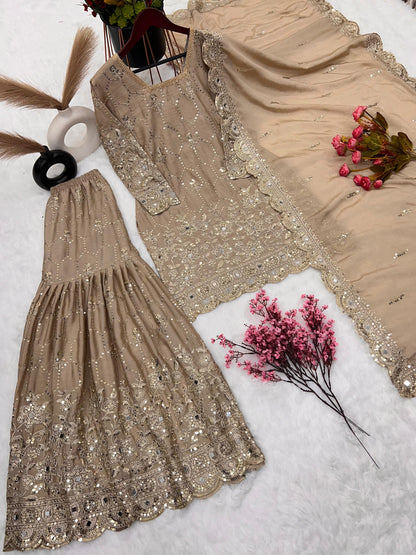 Stylish Beige Color Embroidery Mirror Work Sharara Suit