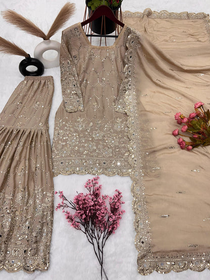 Stylish Beige Color Embroidery Mirror Work Sharara Suit
