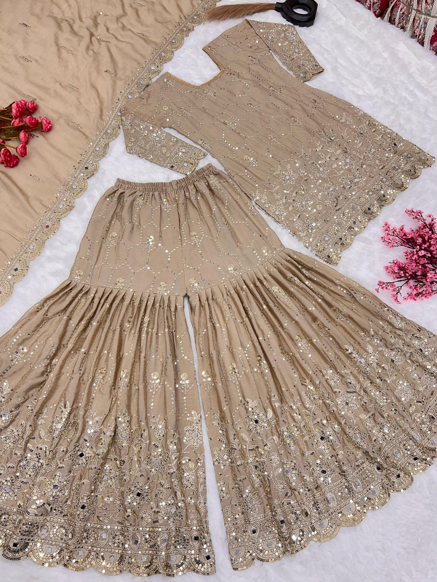Stylish Beige Color Embroidery Mirror Work Sharara Suit
