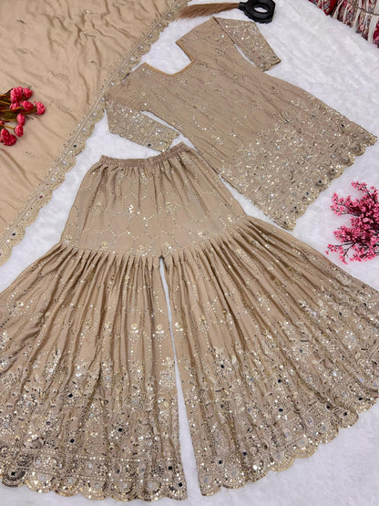 Stylish Beige Color Embroidery Mirror Work Sharara Suit