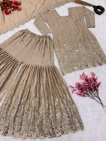 Stylish Beige Color Embroidery Mirror Work Sharara Suit