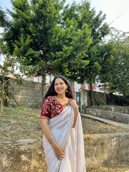 White Color Beautiful Work With Border Saree