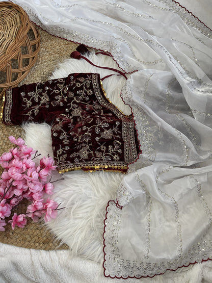 White Color Beautiful Work With Border Saree