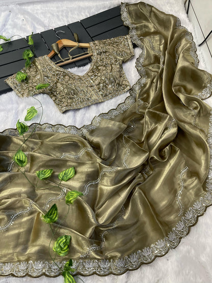 Exclusive Embroidery Cutwork Mehndi Color Saree