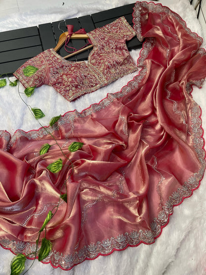 Exclusive Embroidery Cutwork Peach Color Saree
