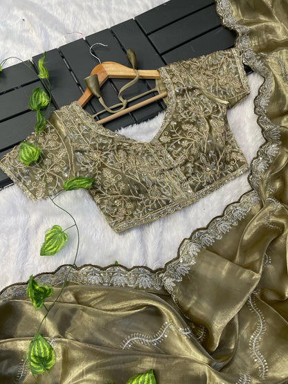 Exclusive Embroidery Cutwork Mehndi Color Saree