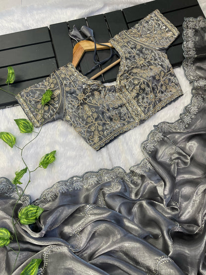 Exclusive Embroidery Cutwork Gray Color Saree