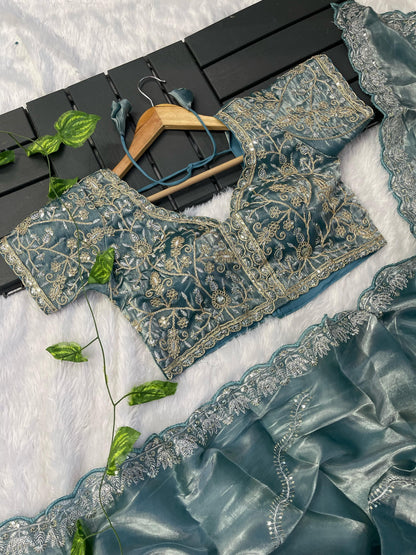 Exclusive Embroidery Cutwork Dusty Blue Color Saree