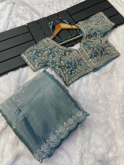 Exclusive Embroidery Cutwork Dusty Blue Color Saree