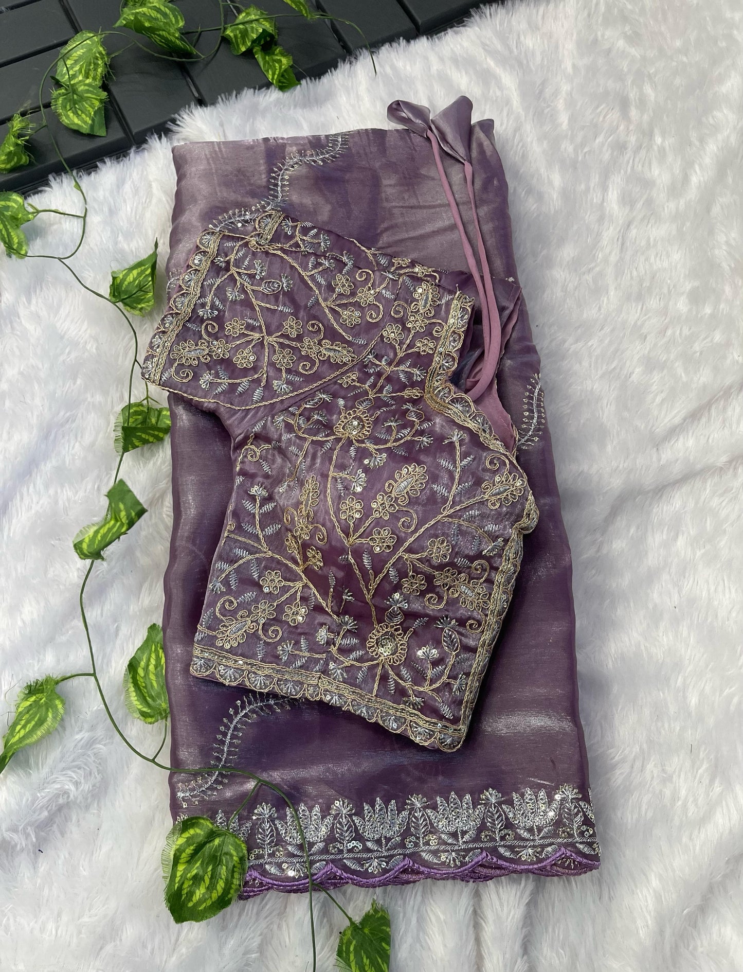 Exclusive Embroidery Cutwork Lavender Color Saree
