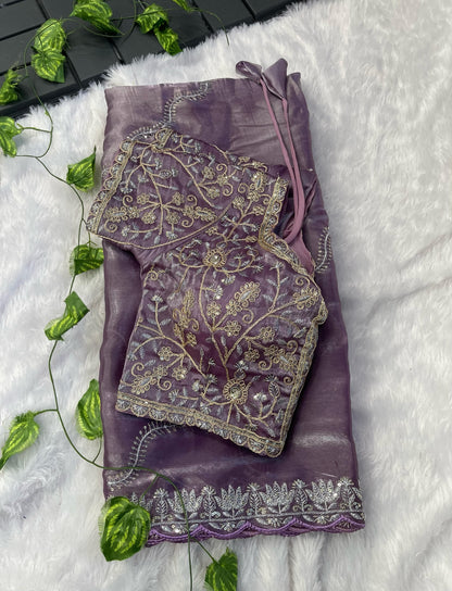 Exclusive Embroidery Cutwork Lavender Color Saree