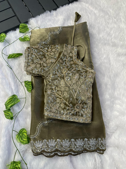 Exclusive Embroidery Cutwork Mehndi Color Saree