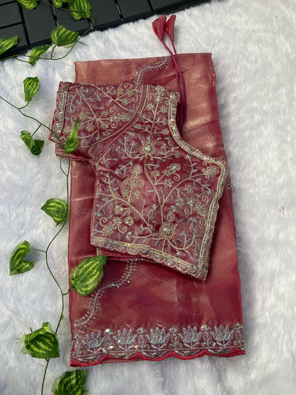 Exclusive Embroidery Cutwork Peach Color Saree