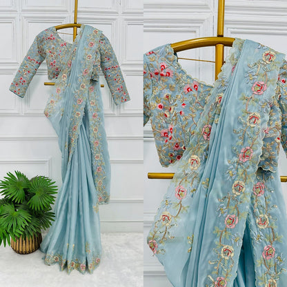 Marvelous Thread Work Sky Blue Color Saree