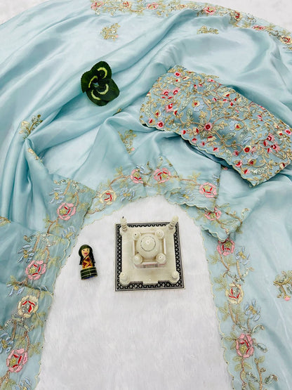 Marvelous Thread Work Sky Blue Color Saree