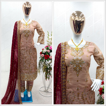 Peach Salwar Suit With Maroon Dupatta All Over Work