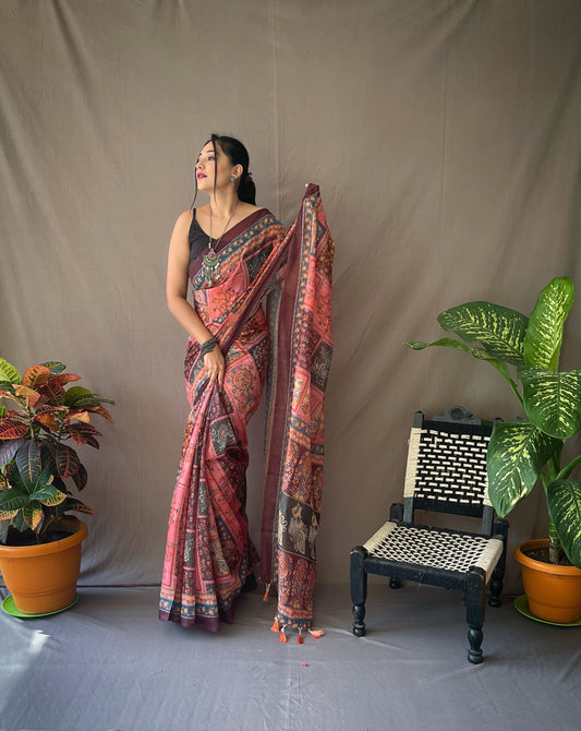 Good Looking Multi Print Pink Color Saree