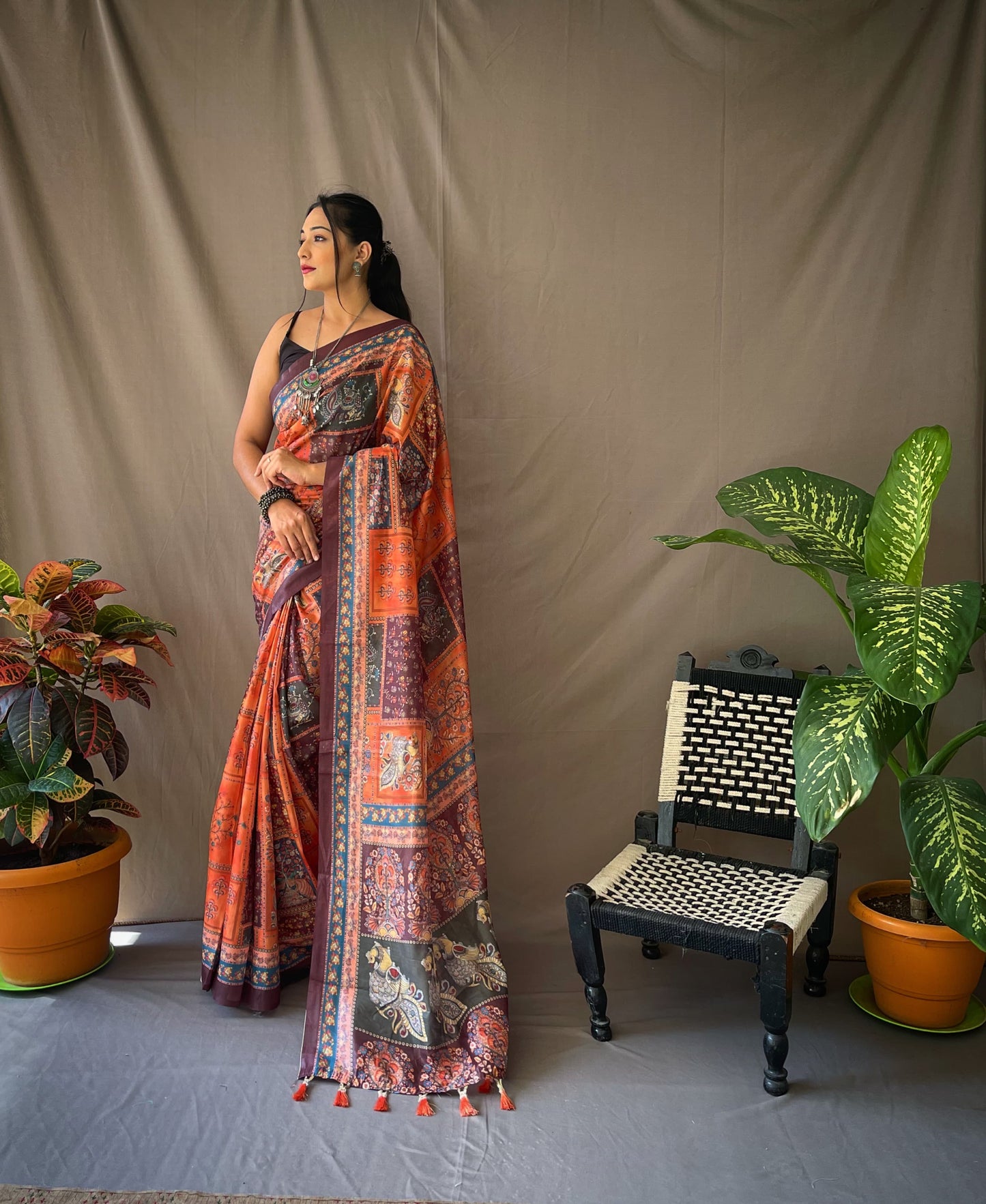 Good Looking Multi Print Orange Color Saree
